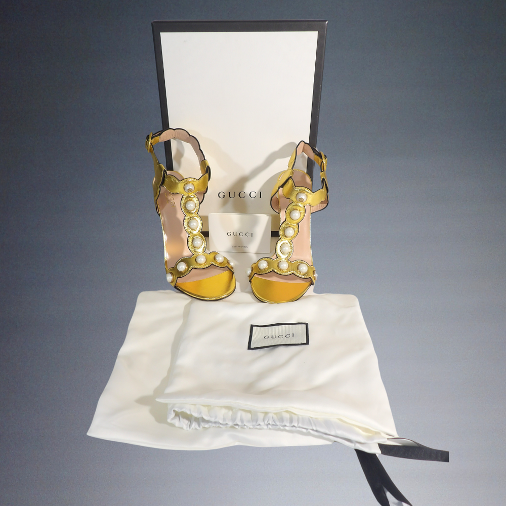 GUCCI Gold Oro Vecchio Leather Pearl Nappa Silk Strap Block Heel Shoe Size 38