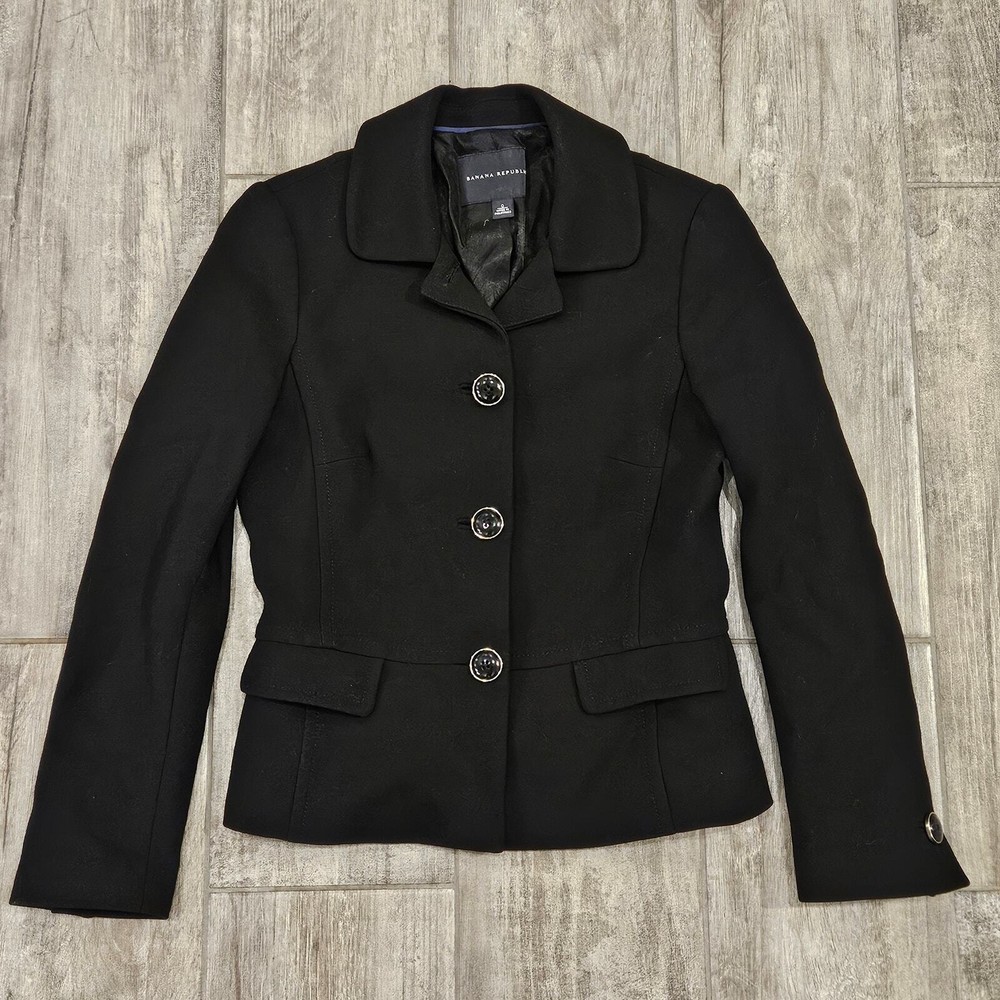 Banana Republic Blazer Womens 0 Black Wool Blend Business Career Winter Jacket