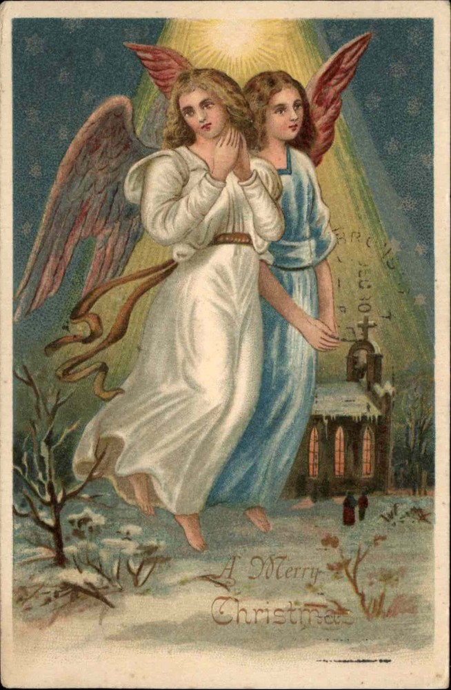 CHRISTMAS Beautiful Young Angels Church in Winter Antique Postcard