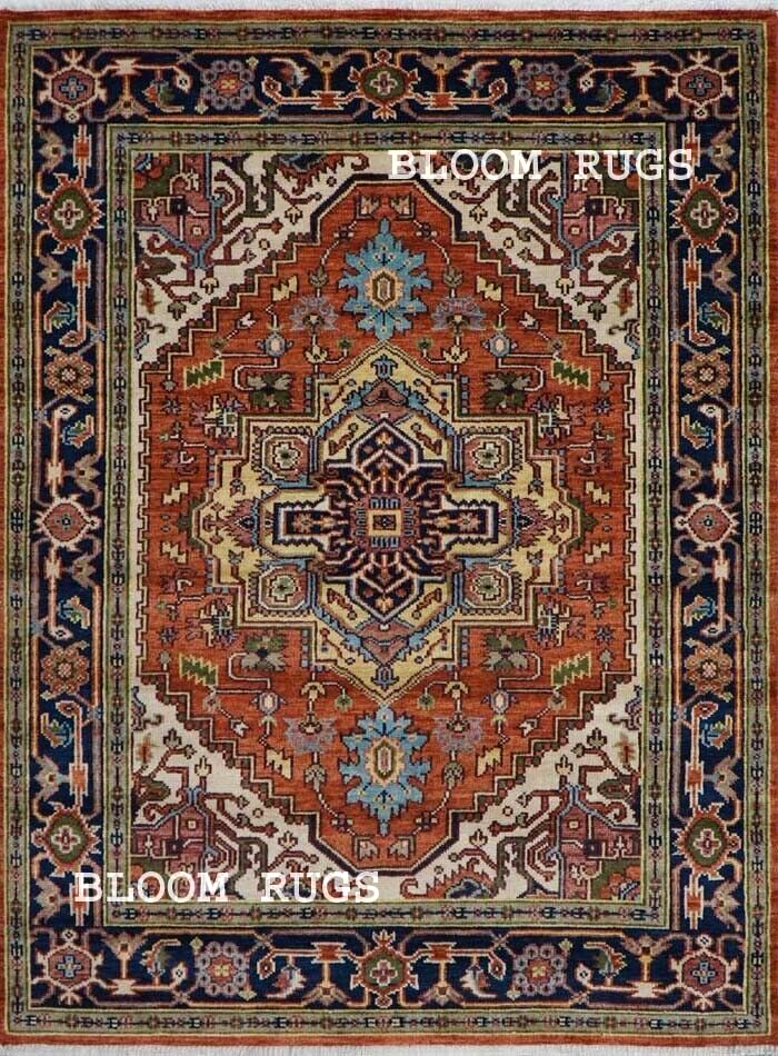 Handmade Traditional Heriz-Serapi 8x10 ft. Rust/Blue Rug | Customizable Carpet
