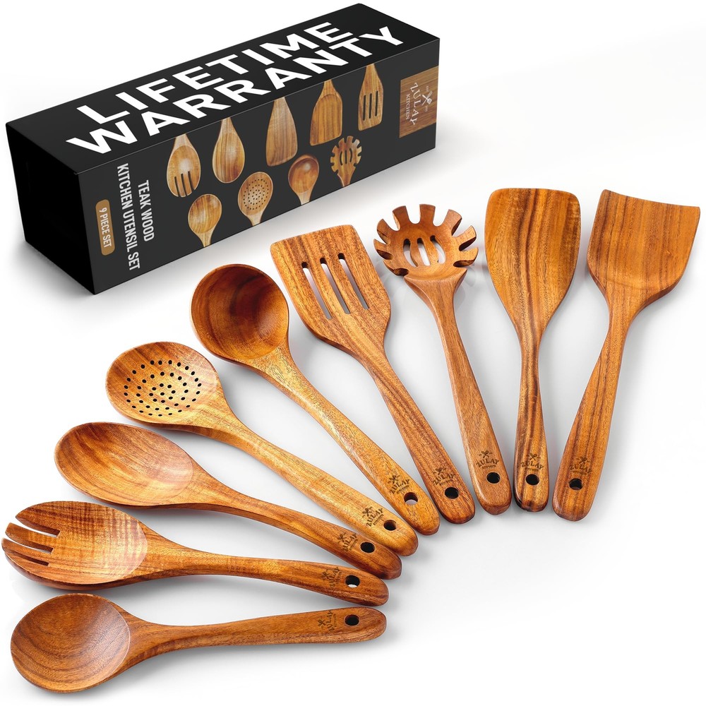 9-Piece Smooth Finish Natural Teak Wooden Cooking Utensil Set