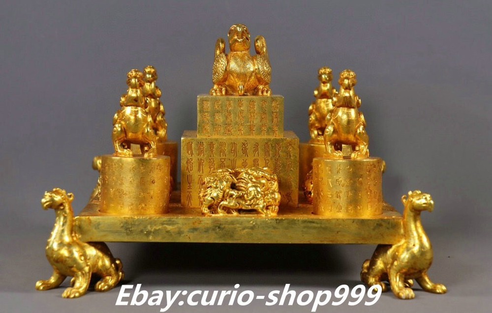 10.2 Inch Chinese Copper Gold Dragon Phoenix Beast Seal Stamp Signet Set