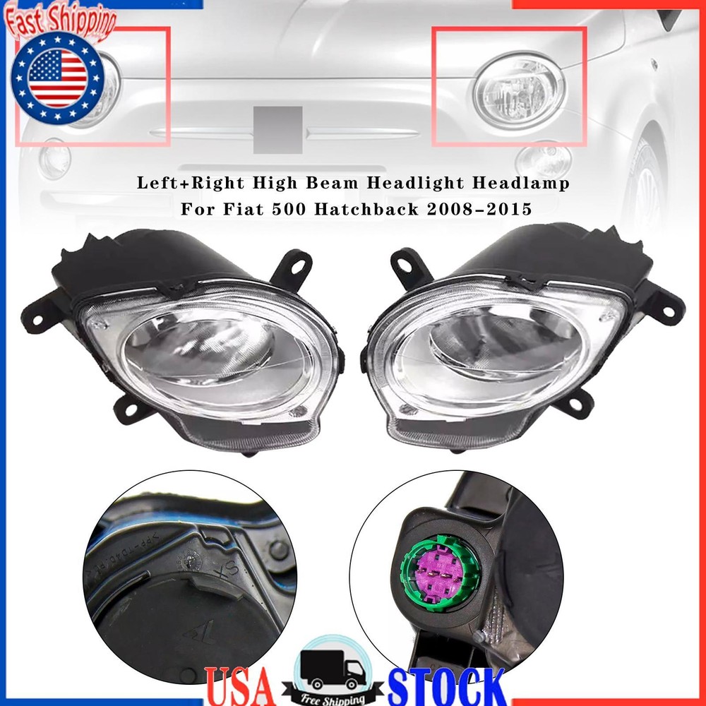 High Beam Headlight Assembly Pair for Fiat 500 Hatchback 2008-2015  