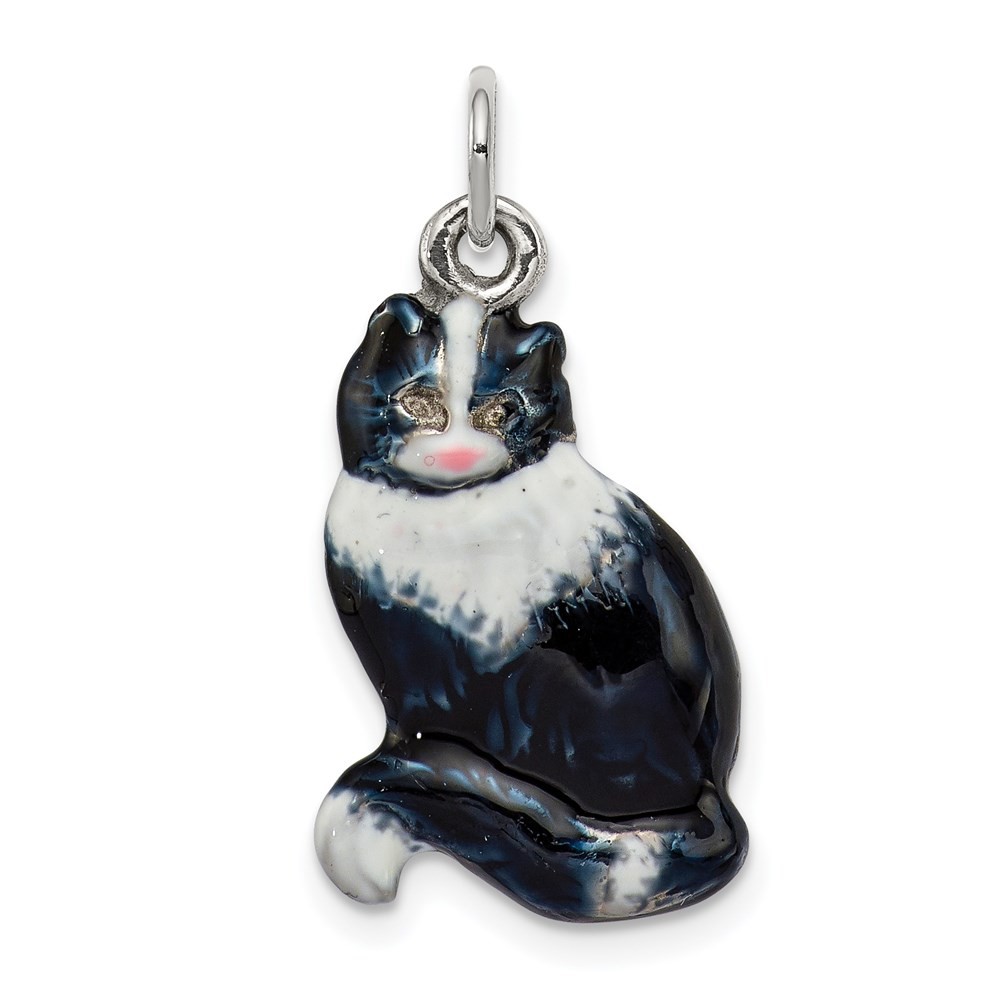 Sterling Silver Enamel Black & White Cat Charm Pendant L-0.75 Inch, W-0.52 Inch