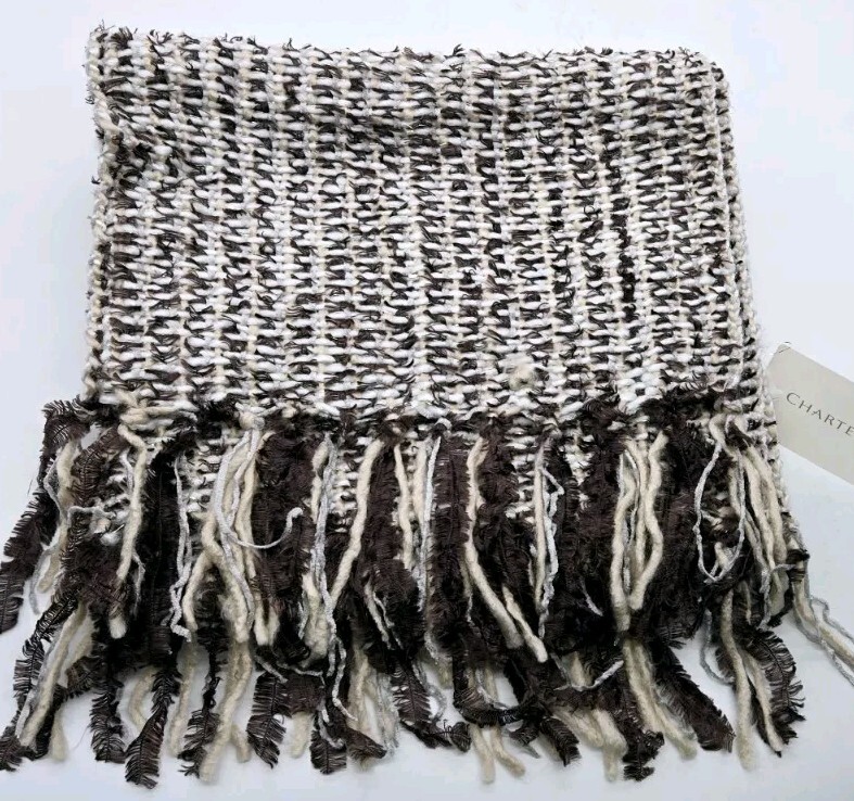 Charter Club Women's Scarf Brown Tan White Glitter Flicks Fringed NWT