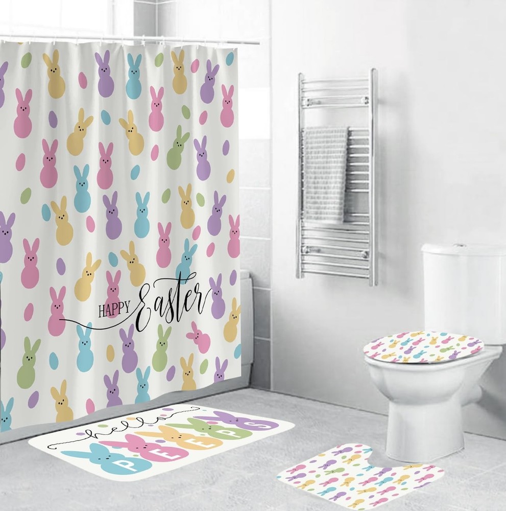4 Pcs Easter Bunny Shower Curtain Sets with Non-Slip Rugs, Toilet Lid Cover and