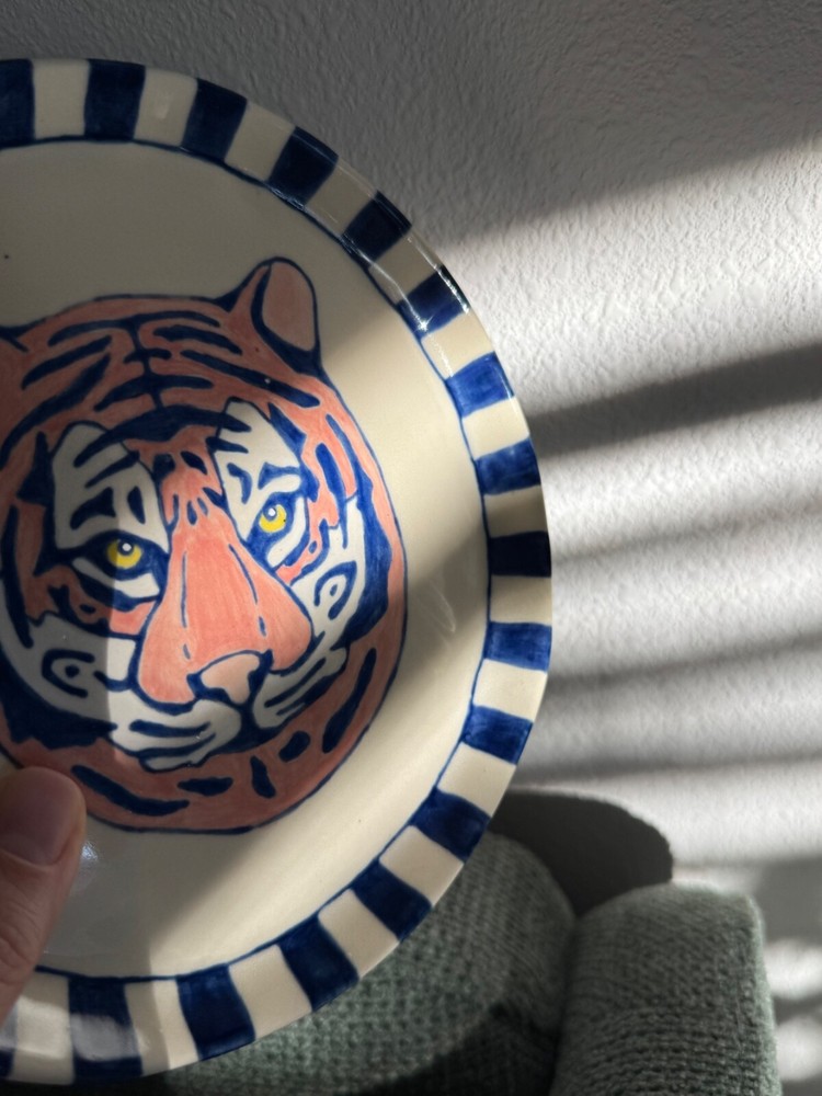 Handmade Ceramic Jewelry Dish Decorative Tiger Plate Blue Stripes Pink