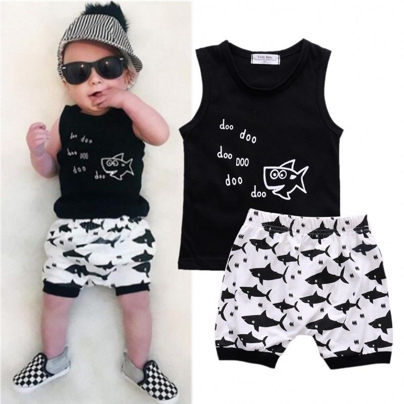 2Pcs Newborn Infant Kids Baby Boys Letter Vest Cartoon Shark Shorts Bodysuit Set