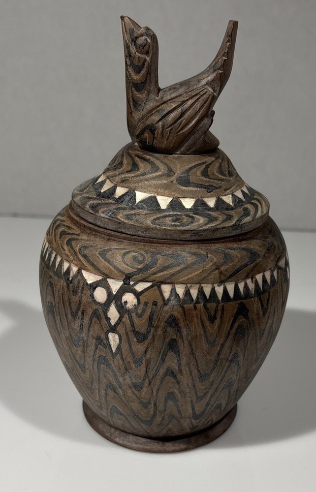 Vintage Indonesian Wood Inlay Bird Trinket Box or Vase