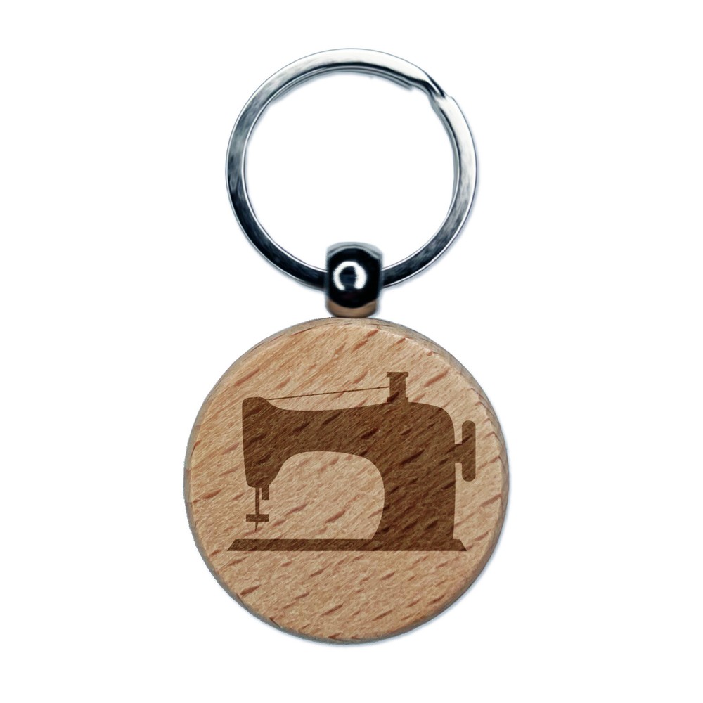 Sewing Machine Silhouette Engraved Wood Round Keychain Tag Charm