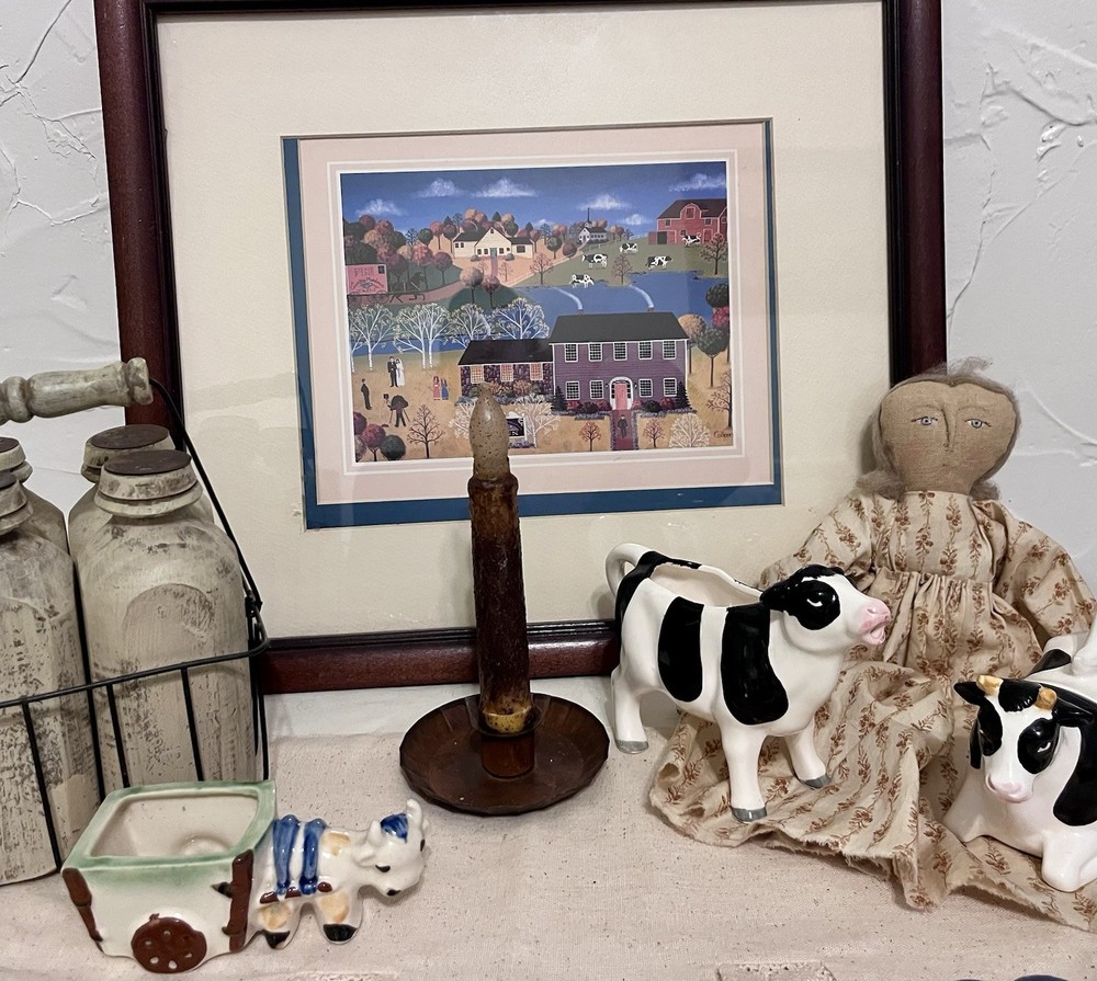 Vintage Home Decor Lot Country Cows Signed Art Primitive Cottagecore Rustic