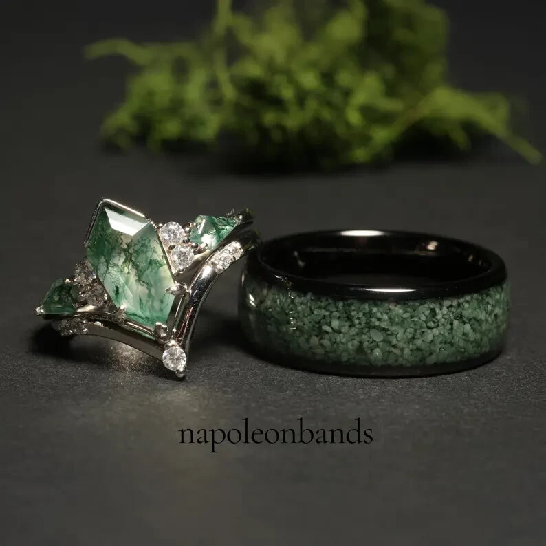 Green Moss Agate Coffin Kite Engagement Ring Set – Couple Wedding Band