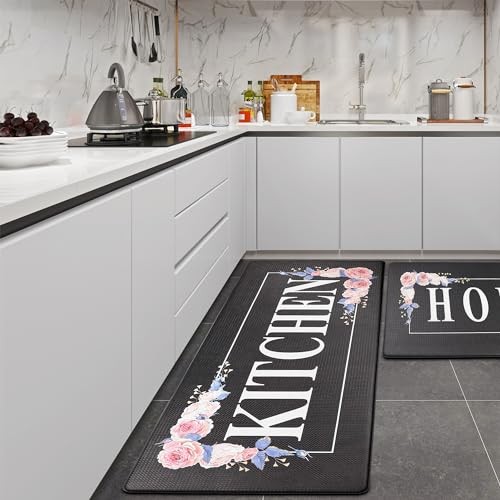 Floral Non-Slip Waterproof Kitchen Mat Set with 2PC Rugs and Runner