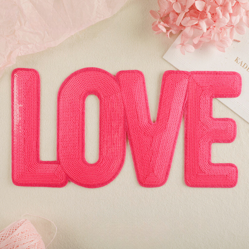 Pink LOVE Sequin Embroidered Iron On Patch for DIY Clothes & Crafts