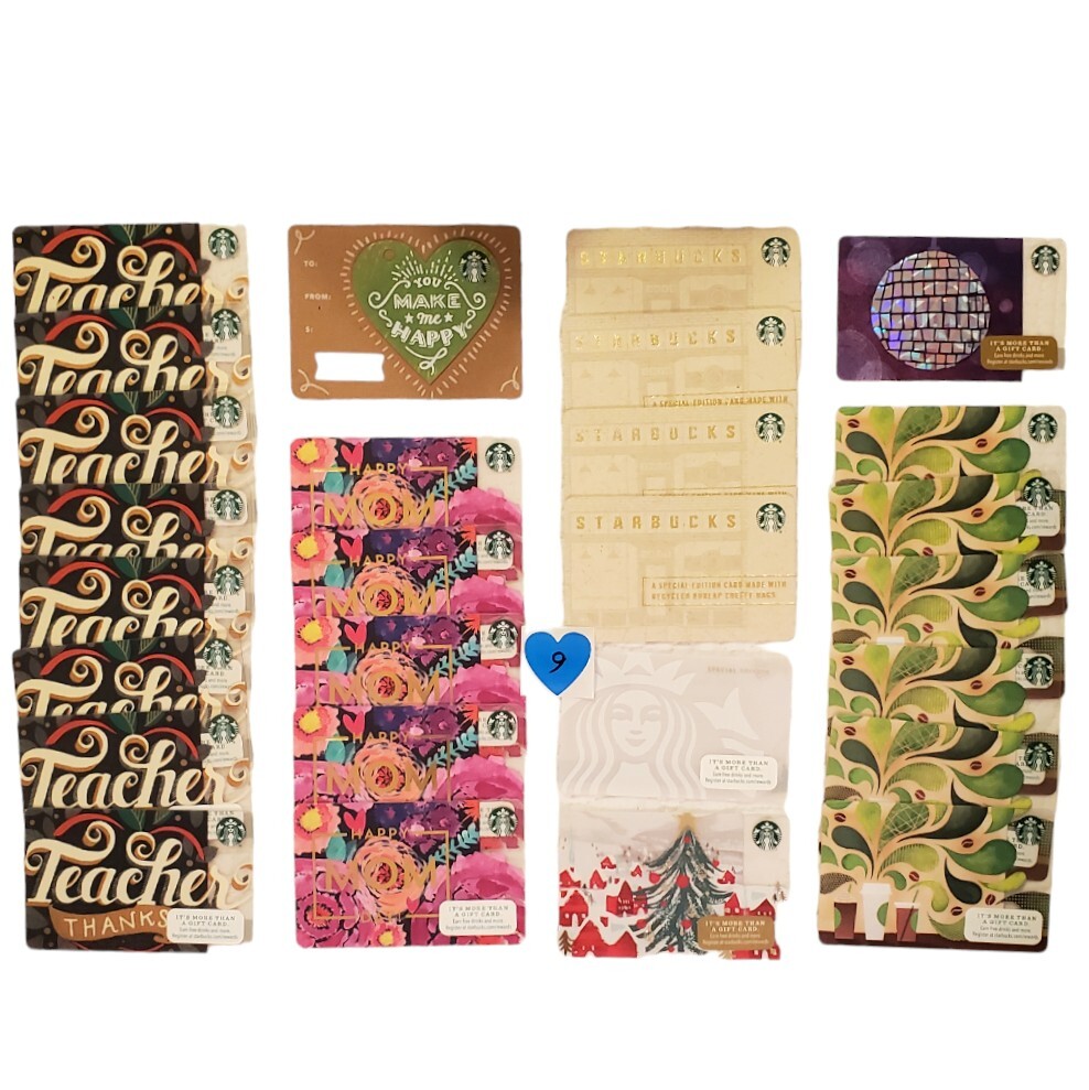 Starbucks Gift Card LOT 9 Die-Cut Heart Recycled Disco Ball Teacher Thanks Mom-image
