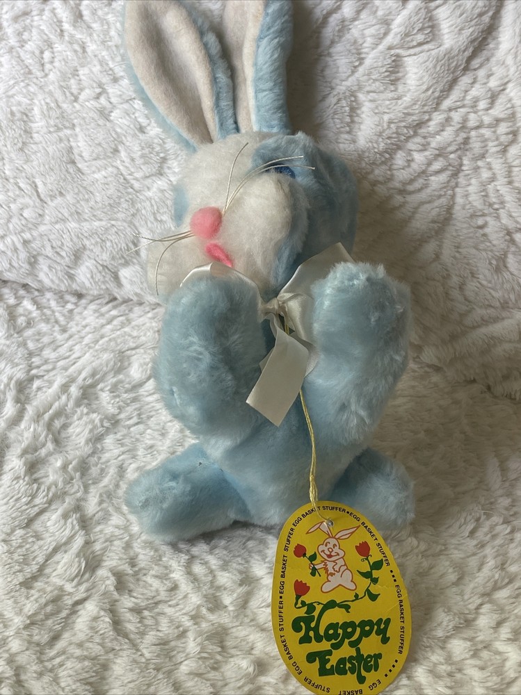 Vintage Easter Egg Basket Stuffer Rabbit Bunny Blue White Original Tag Pink Nose