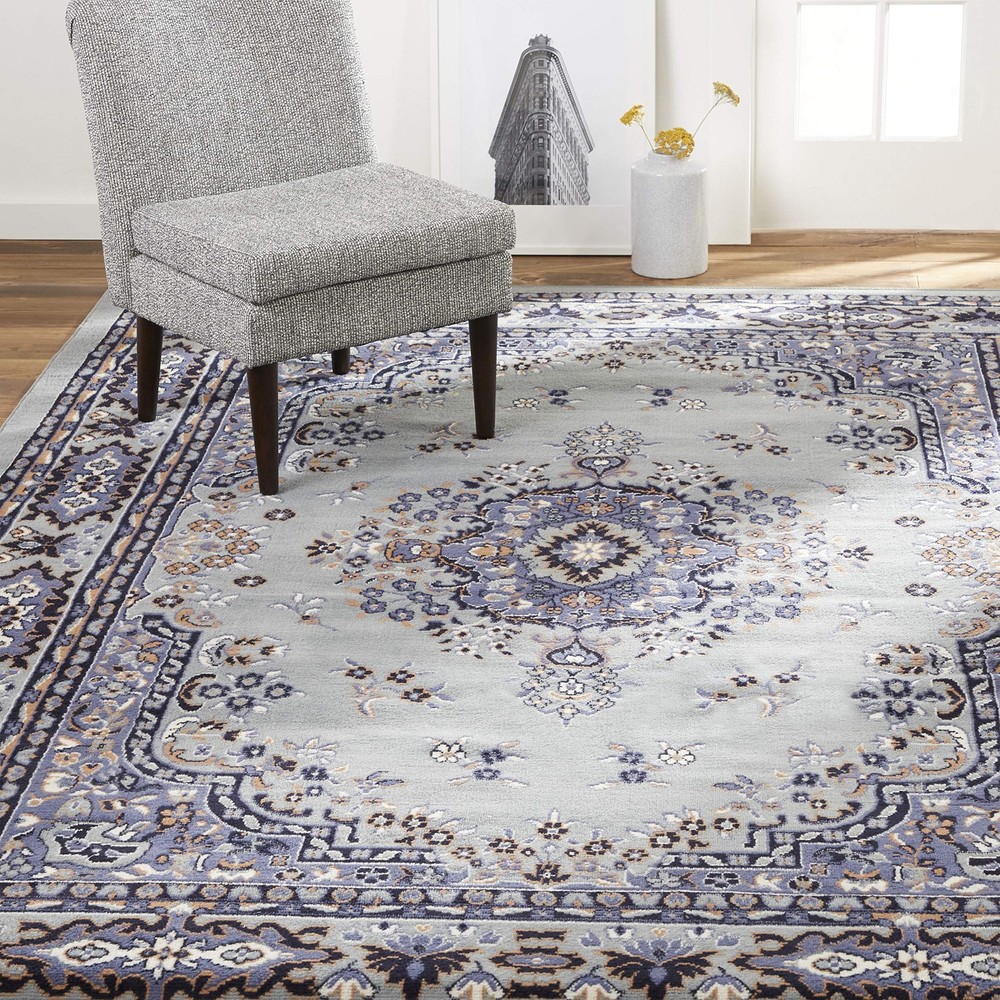 Premium Sakarya Traditional Medallion Border Area Rug, Silver, 9'2