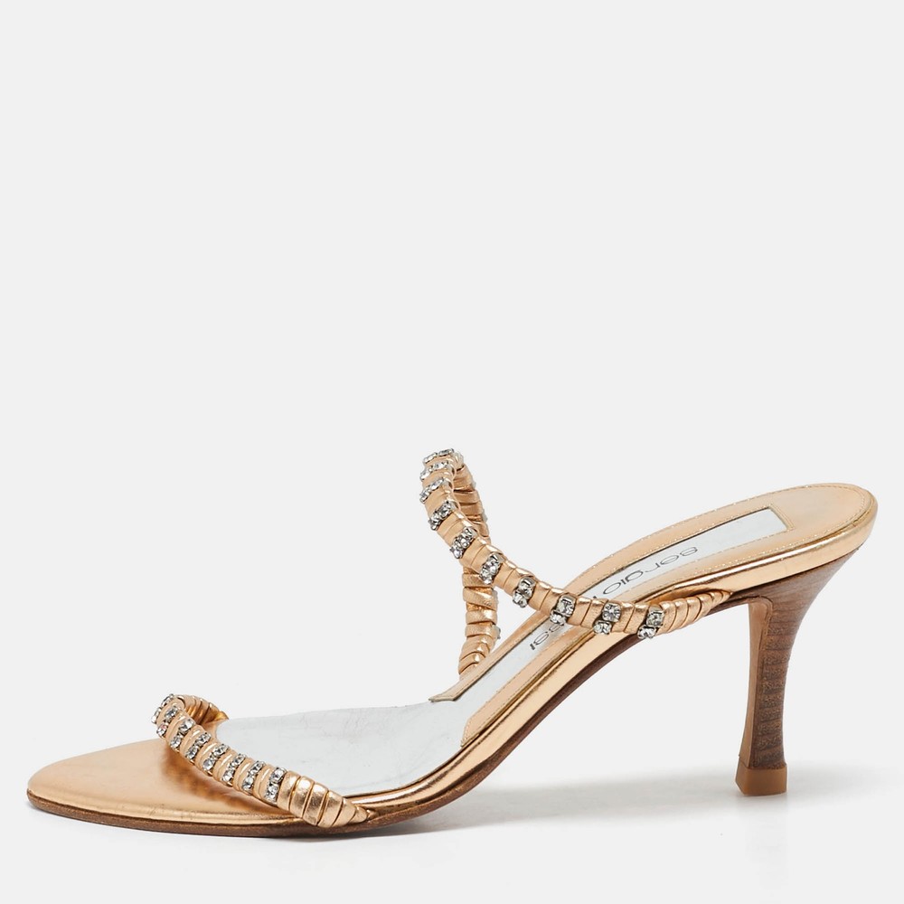 Sergio Rossi Gold Leather Crystal Slide Sandals Size 35