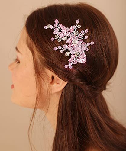 Rhinestones Hair Accessories for Women Wedding Crystal Hair Clip Bridal Pink