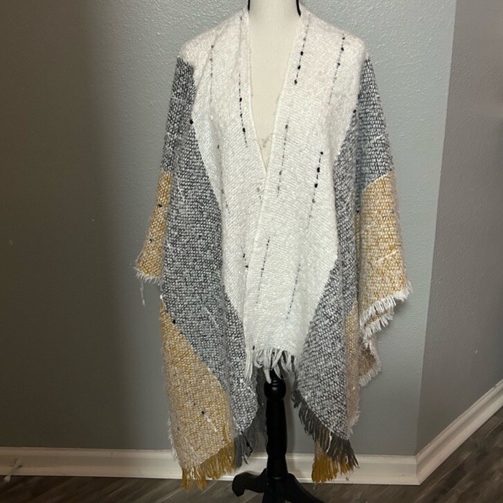 Bohemian Neutral Tassel Trim Wrap Cape Cardigan One Size