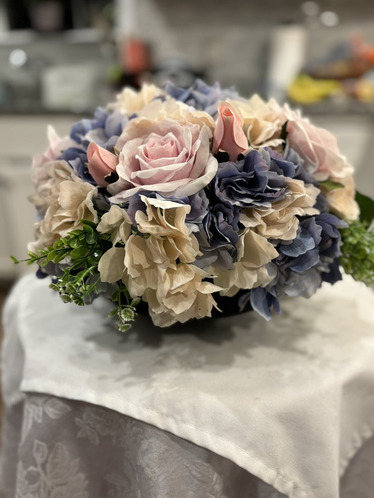 Spring Faux Floral Arrangement in Glass Planter with Battery Lights Preowned