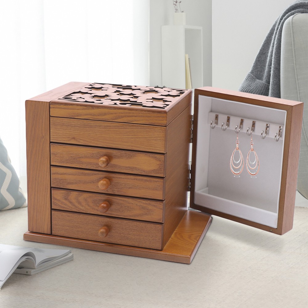 Vintage Large Jewelry Organizer Wooden Storage Box 5 Layers Case with 4 Drawers