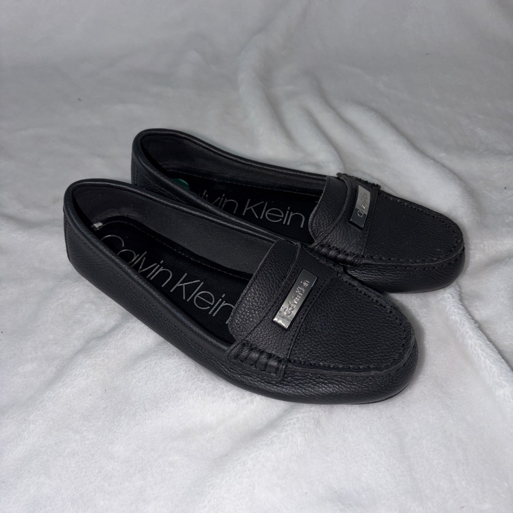 CK Women's Black Pebbled Leather Slip on Driving MOC LOAFER Size 8 Retro Office