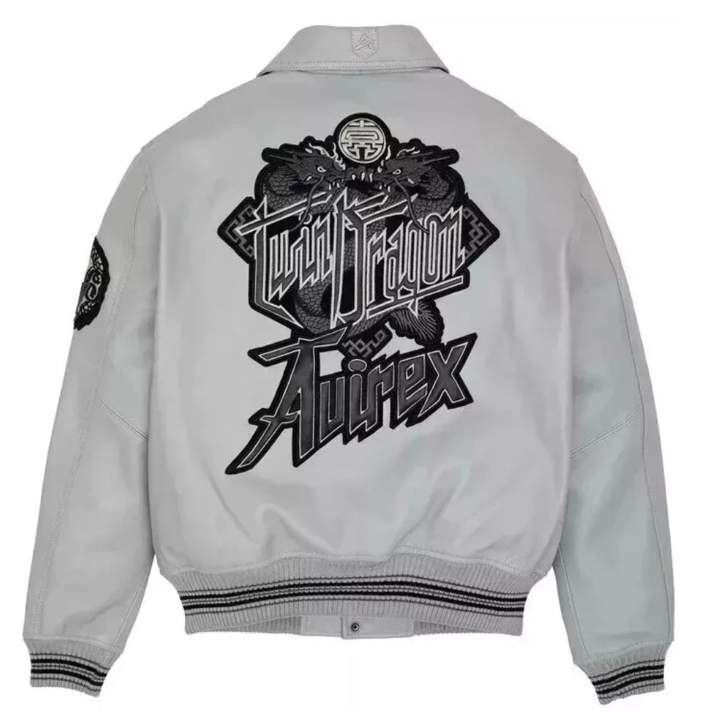 Avirex Leather Jacket Men's Bomber Cowhide Limited Edition Twin Dragon NWT Gray