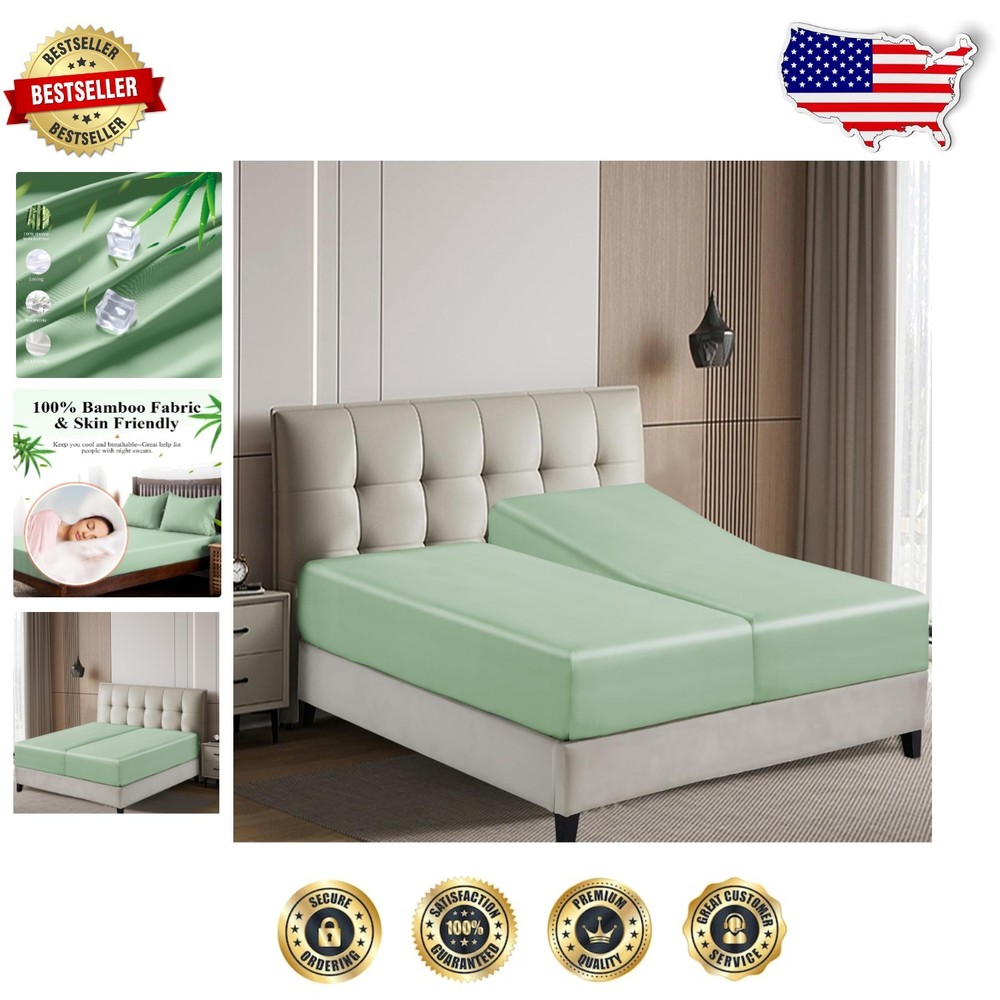 Sage Green Bamboo Viscose Split King Fitted Sheet Set - 400 Thread Count Soft & Breathable