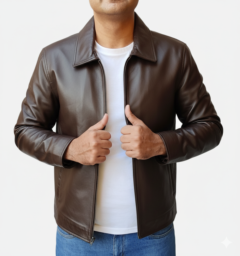 Brown Sheepskin Genuine Leather Collar Jacket  Classic Style