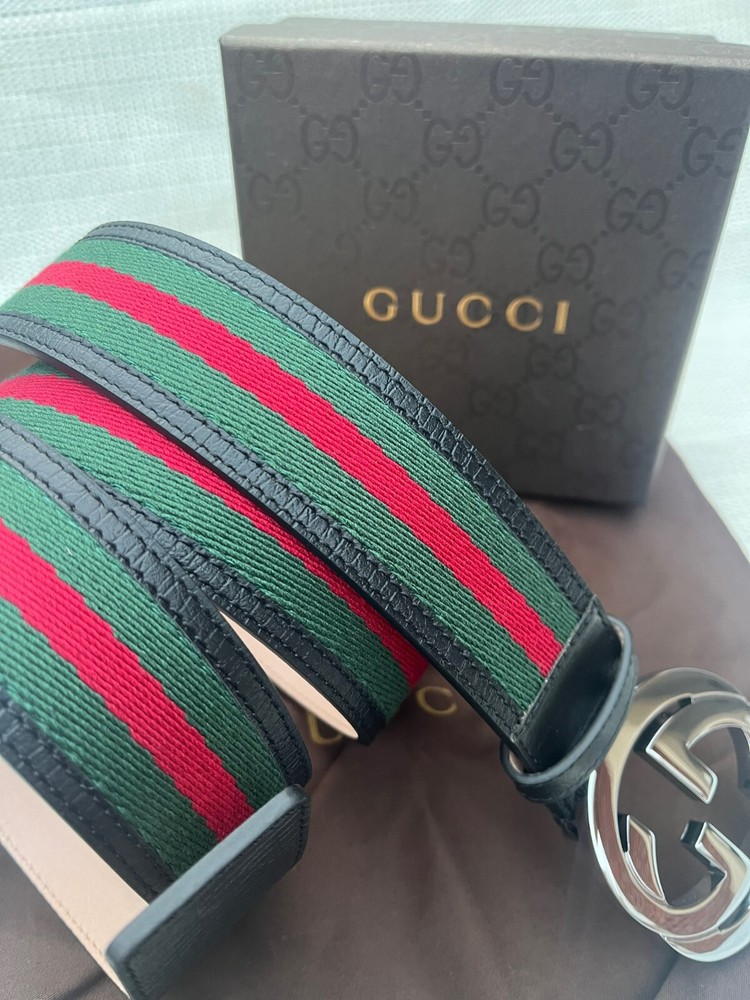 Gucci GG Silver Buckle Web Belt in Black Green Red Size 115cm Fits 40w