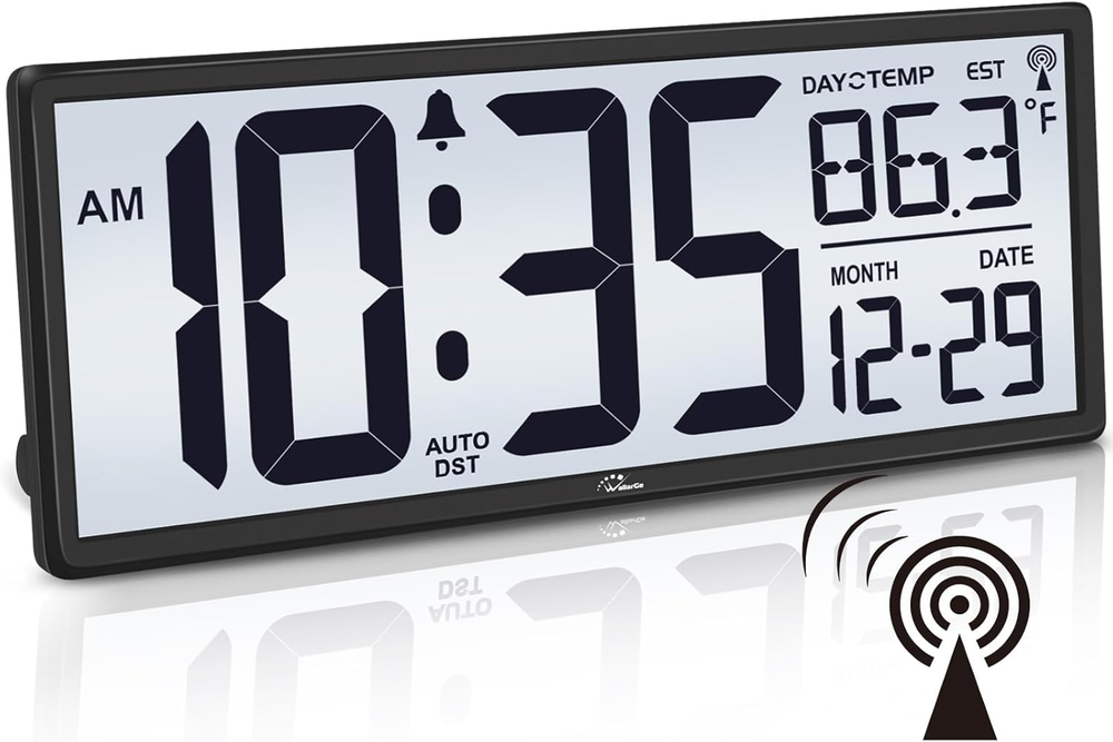 14.5-inch Atomic Wall Clock with Backlight - Large Battery-Operated Digital Display