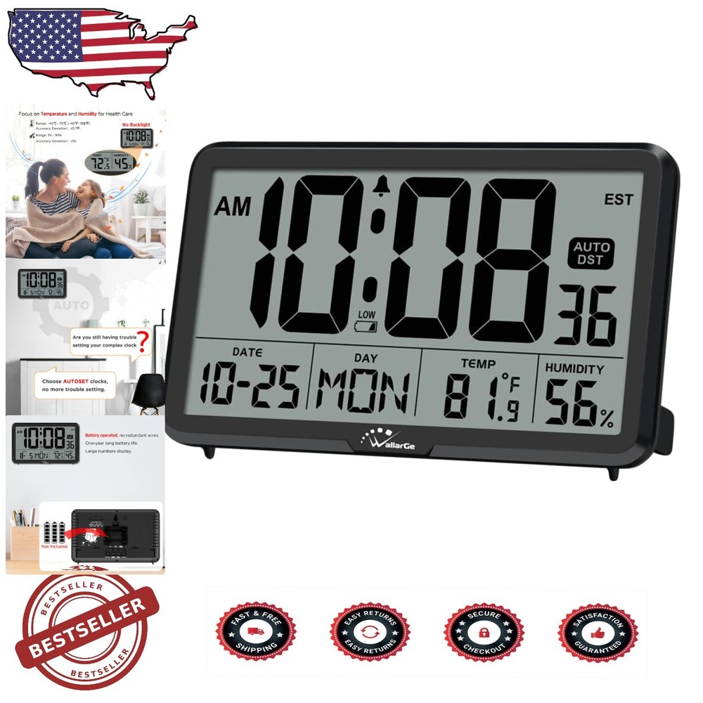Auto Set Digital Wall Clock with Large Display for Temperature and Humidity - Black