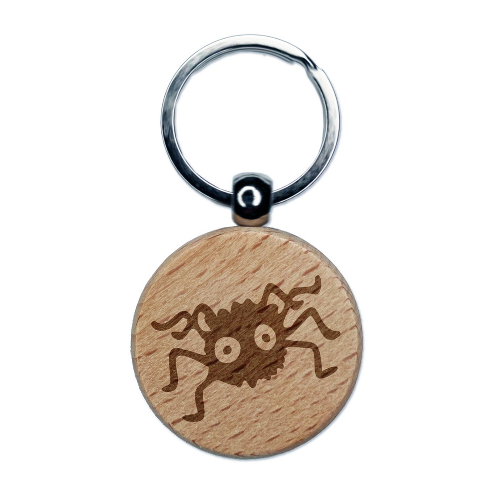 Fuzzy Cartoon Bug Spider Engraved Wood Round Keychain Tag Charm
