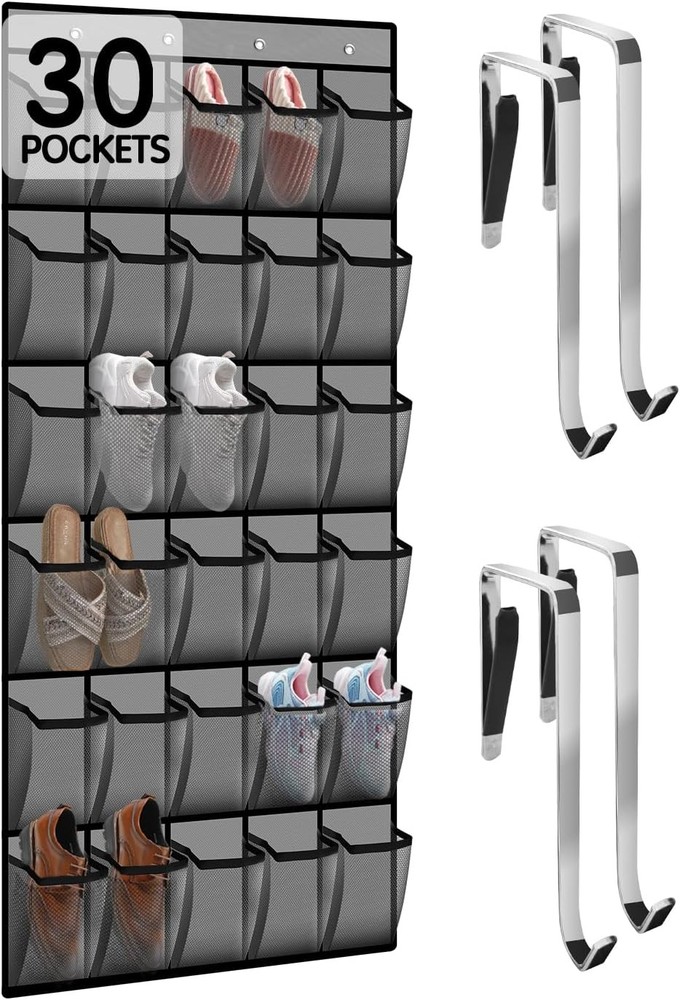Over the Door Shoe Organizer 30 Mesh Pockets Hanging Shoe Rack Large Gray