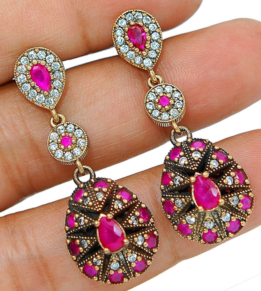 Ottoman Empire Inspired 8CT Ruby 925 Sterling Silver Earrings TE1530