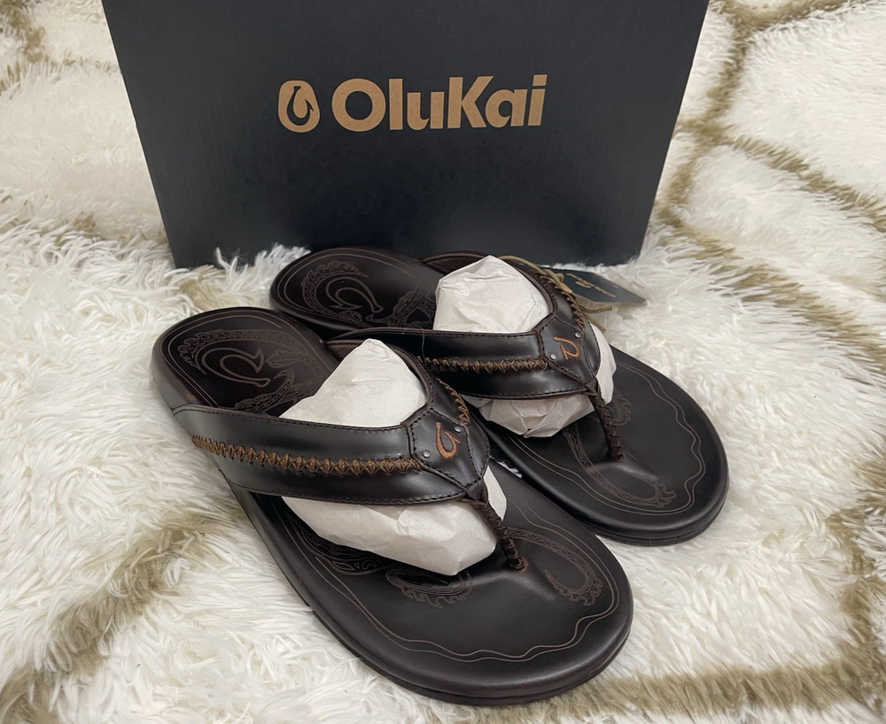 OluKai Men's Mea Ola Leather Sandals Size 10 Dark Java New In Box
