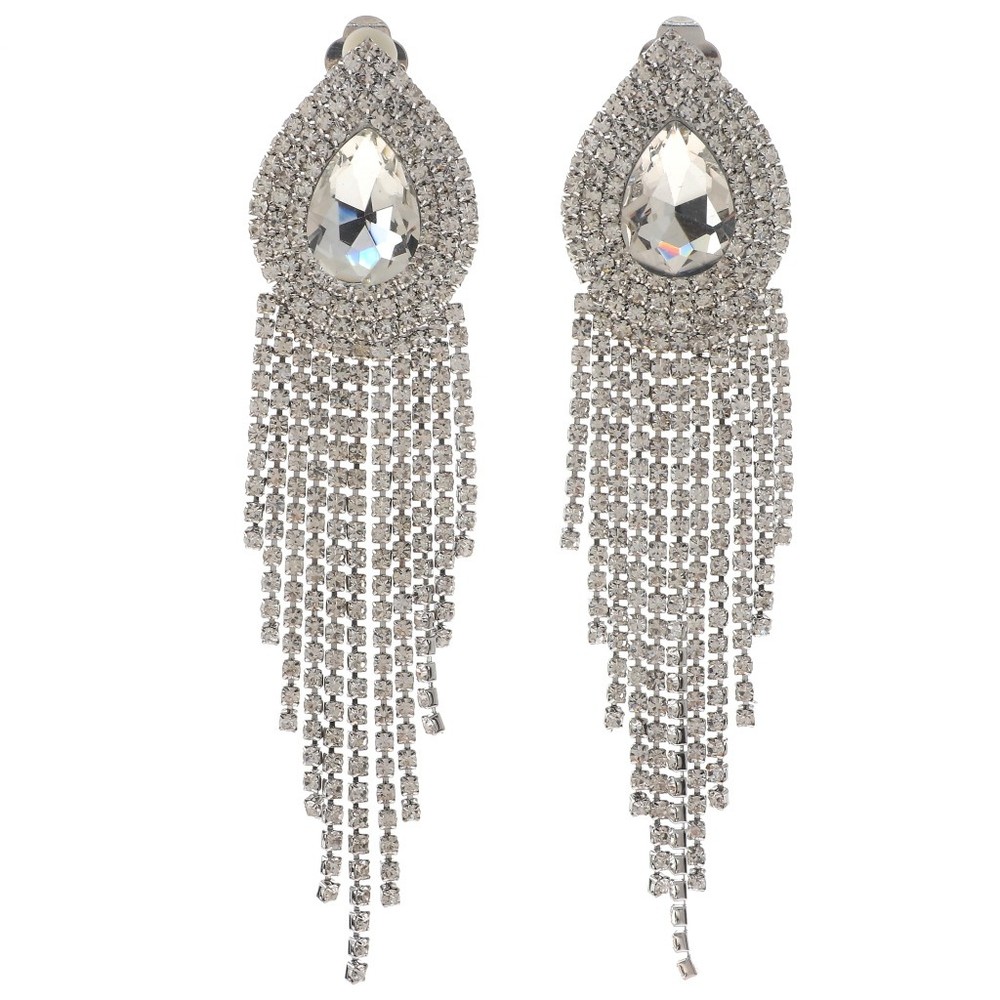 Silver Rhinestone Clip-On Dangle Earrings with Chain Detail ER2571-SCL