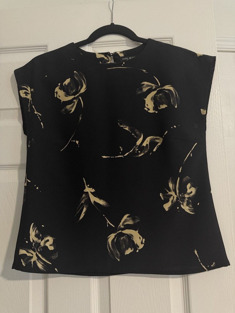 HALSTON Women's Black Beige Floral Short Sleeve Crew Neck Blouse Regular