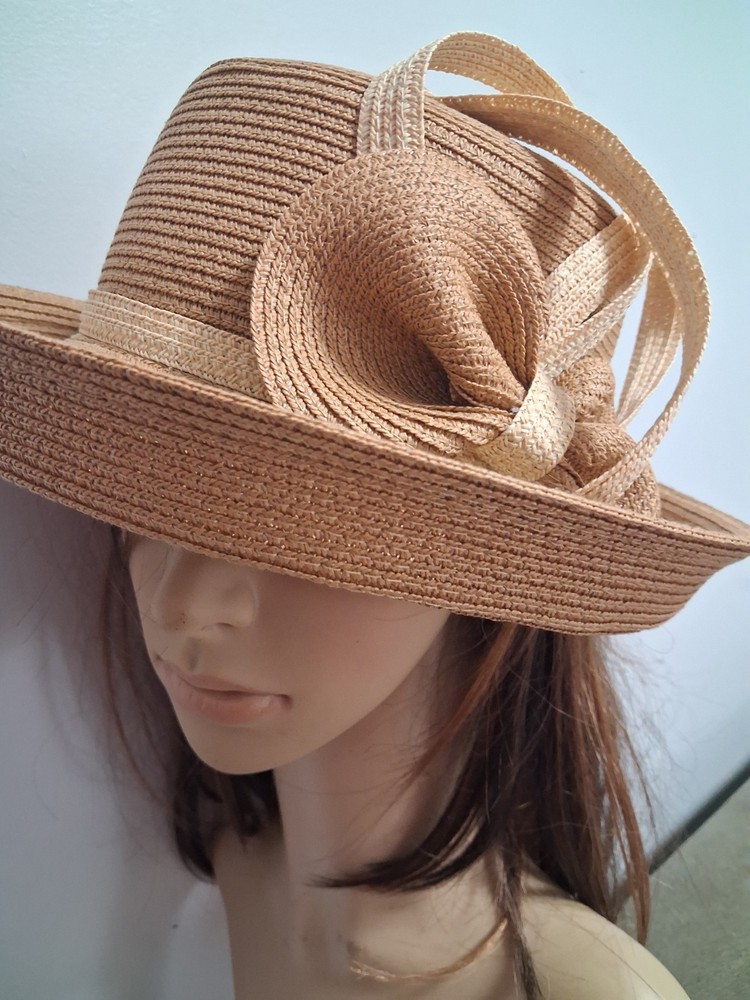Beige Straw flexBrim Women's Sun Hat Bow kentucky derby, Church Spring Summer