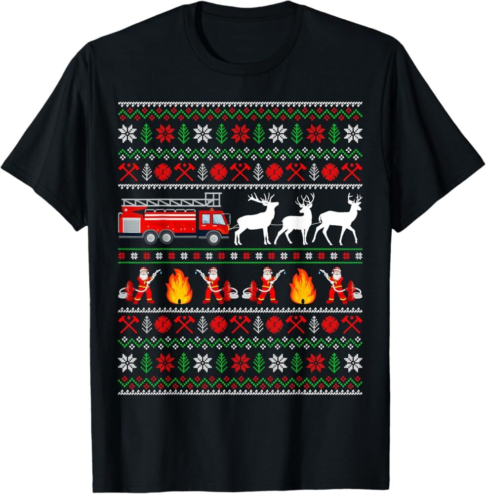 Fire Truck Reindeer Santa Ugly Sweater Firefighter Christmas T-Shirt