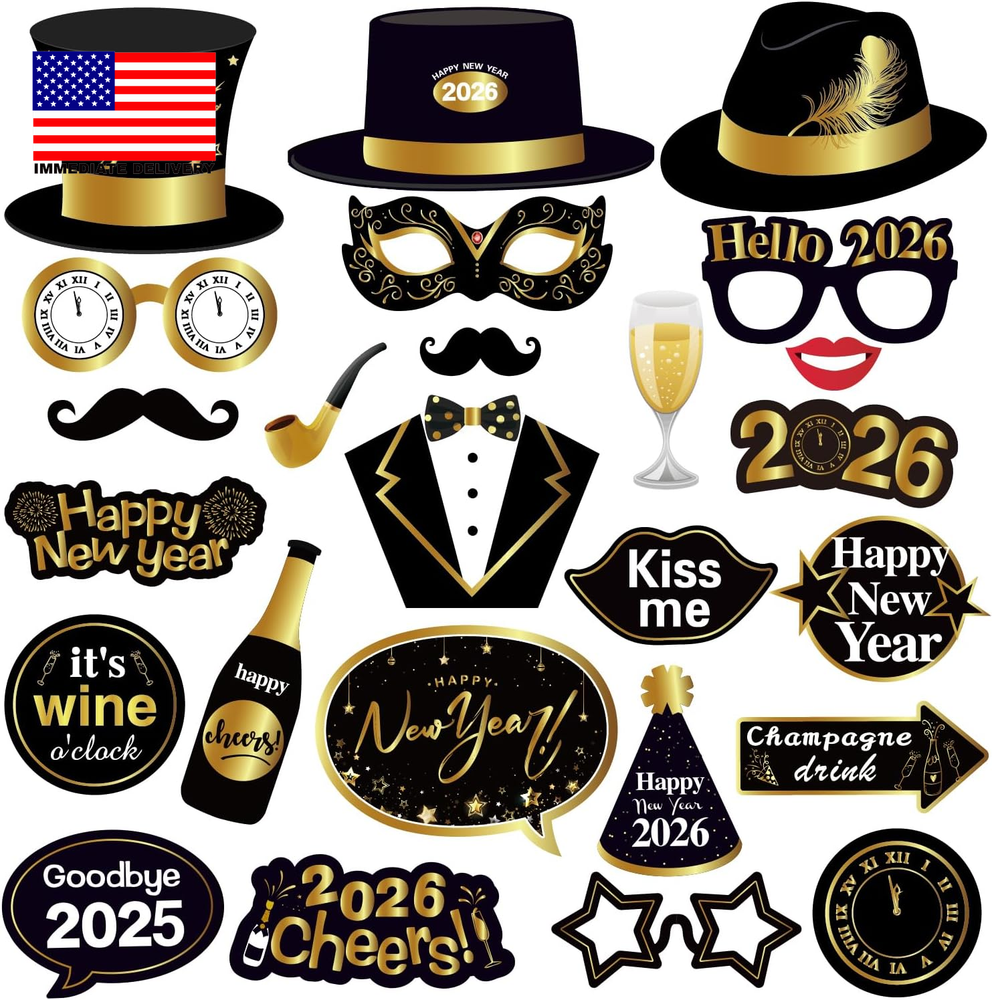 25Pcs New Years Eve Photo Booth Props | 2026 New Years Photo Booth Props with St-image