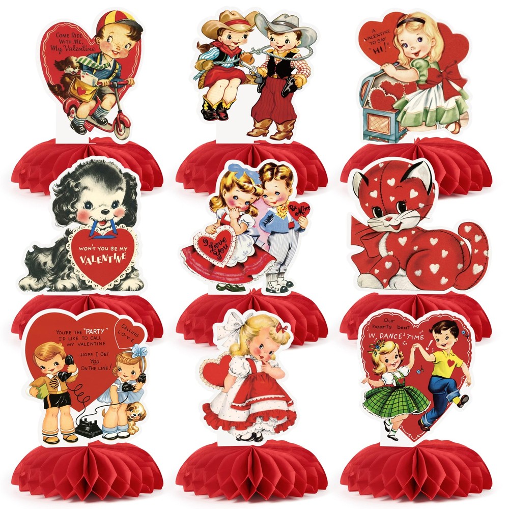 9 Pcs Vintage Valentine's Day Decorations Retro Red Heart Honeycomb...