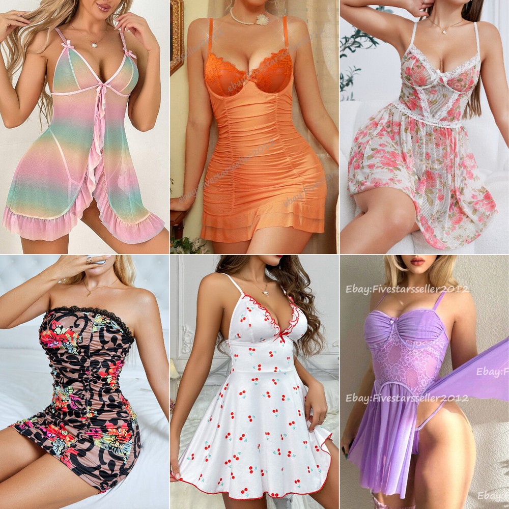 Sexy Lace Babydoll Nightgown Mesh Chemise Boudoir Nighty with Thong US