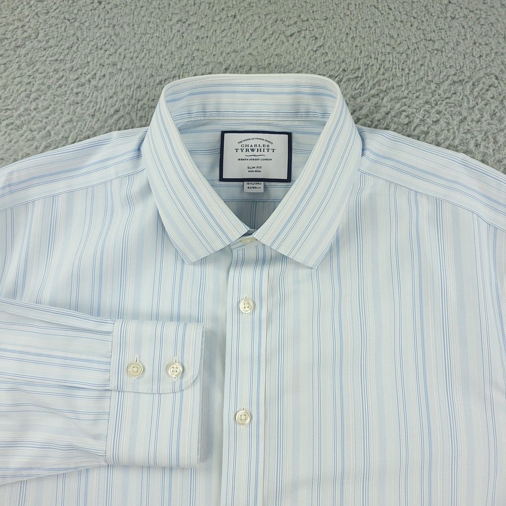 Charles Tyrwhitt Dress Shirt Mens 16.5 White Blue Stripe Slim Non Iron Cotton