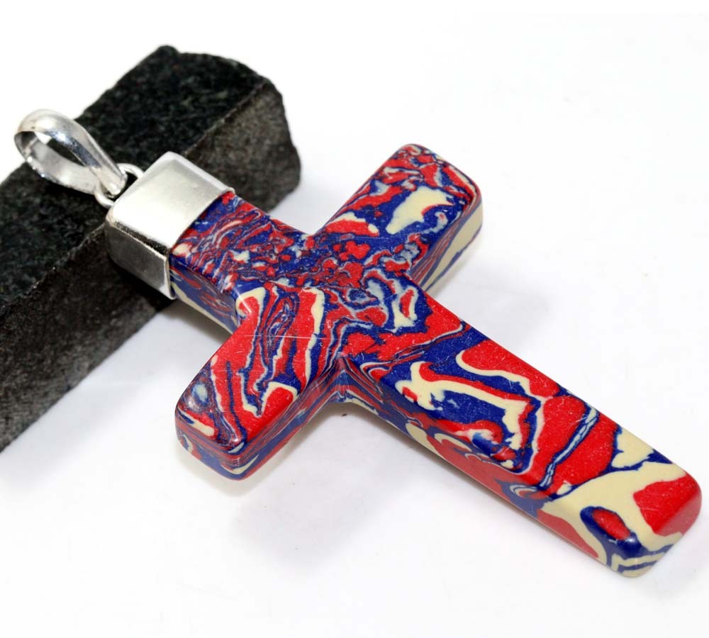 Mosaic Jasper 925 Silver Plated Chunky Cross Pendant 3.2 Inch JW Jewelry