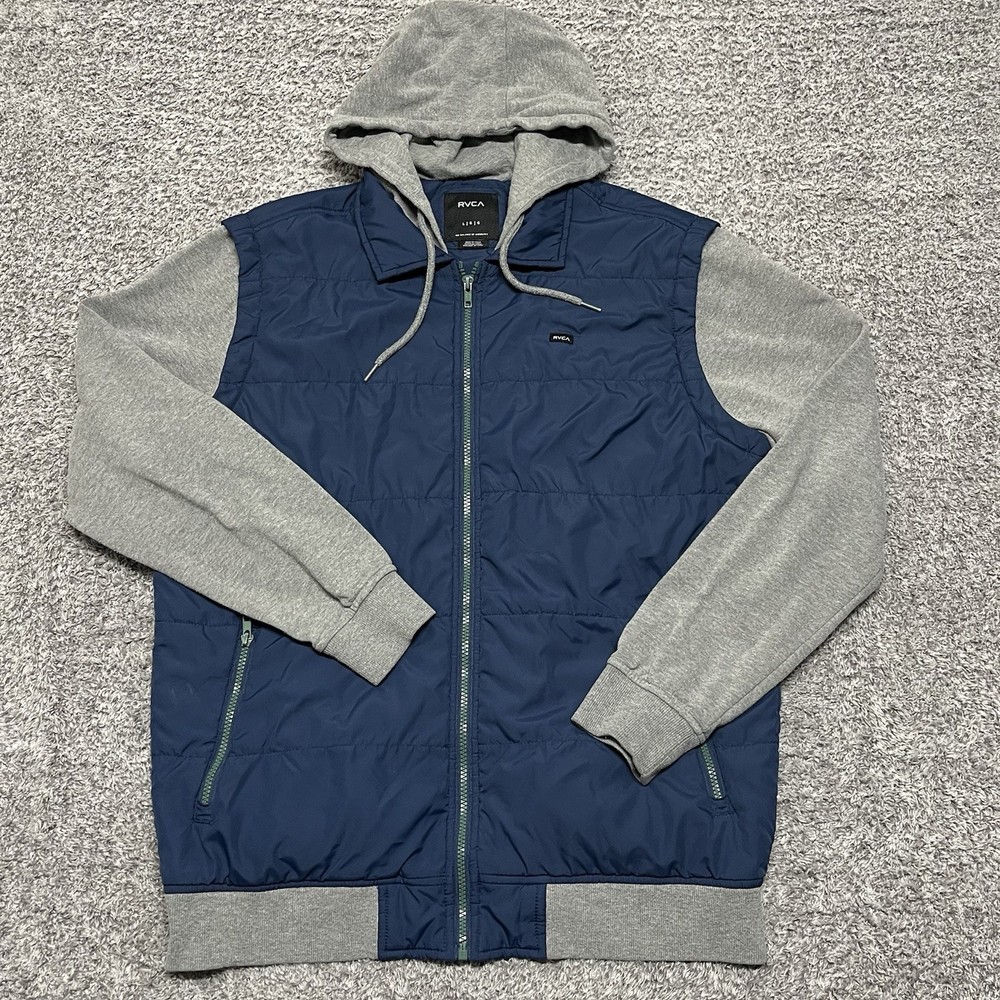 RVCA Men’s Hooded Puffer Vest Hoodie Jacket Size Large Blue Gray Full Zip