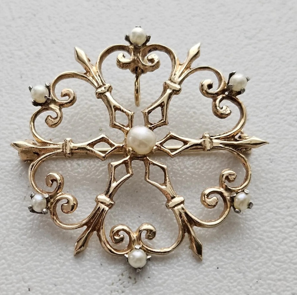 Antique Victorian 14K Yellow Gold Pearl Rosette Pendant / Brooch 4.9 Grams