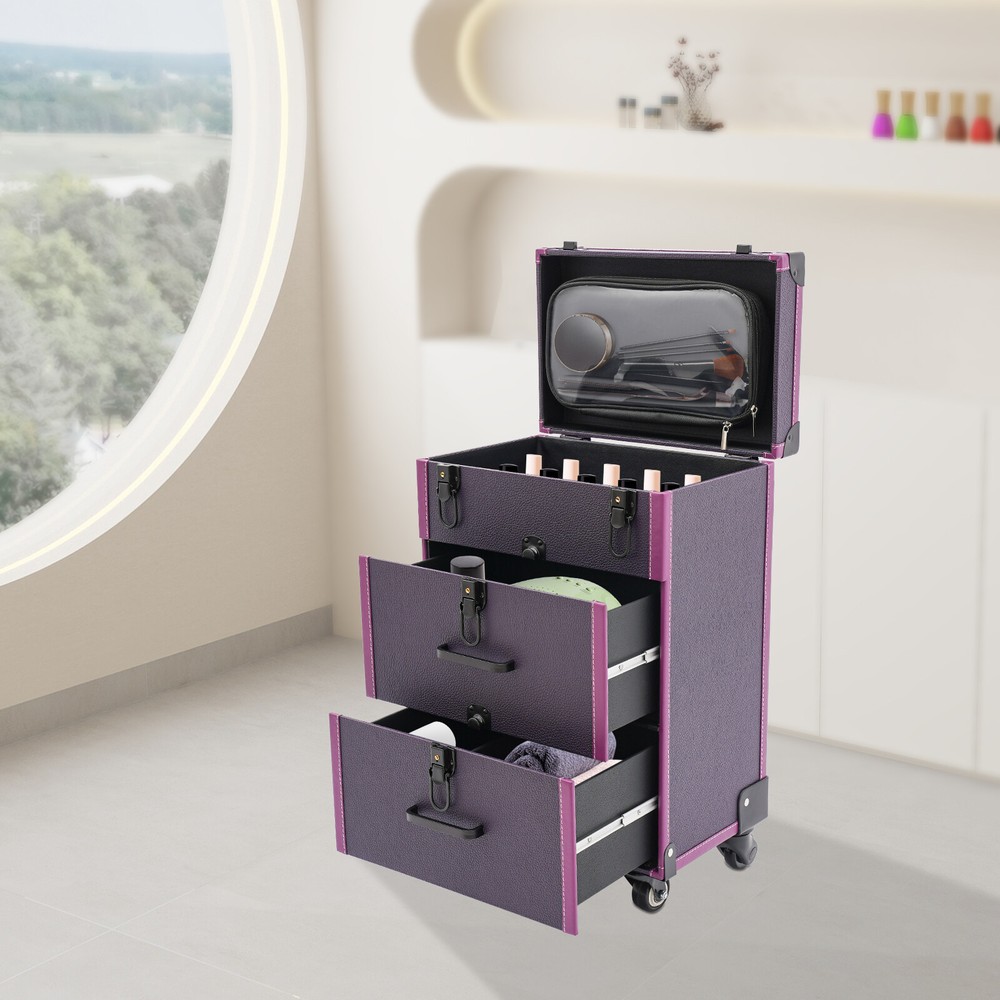 Purple Rolling Makeup Case with Wheels - Portable Cosmetic Trolley