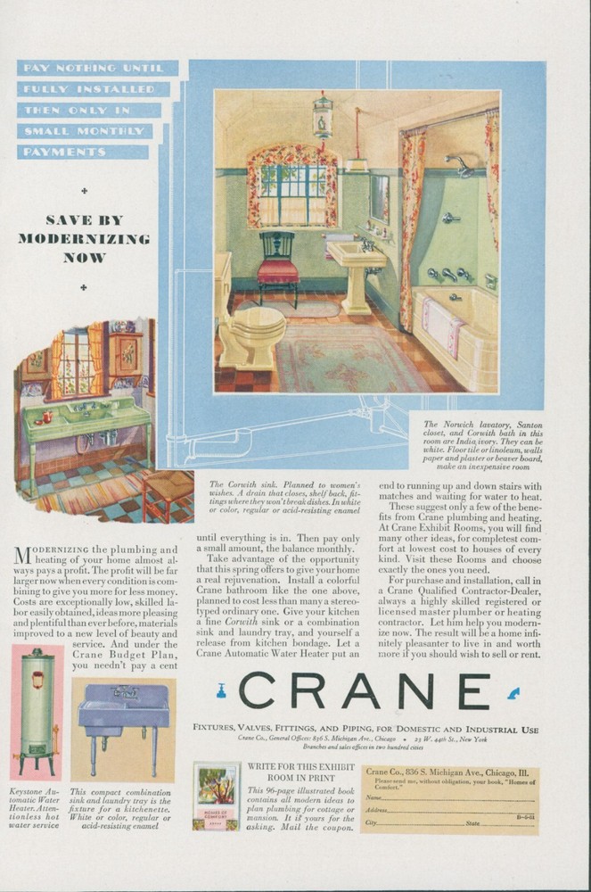 1931 Crane Fixtures Valves Fittings Piping Modernize Now Bathroom Kitchen Ad BH3